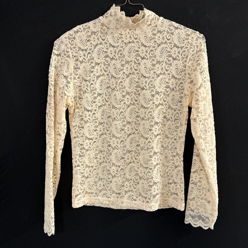 Cream Stretch Lace Turtleneck Top Romantic Coquette Vintage Inspired Layering